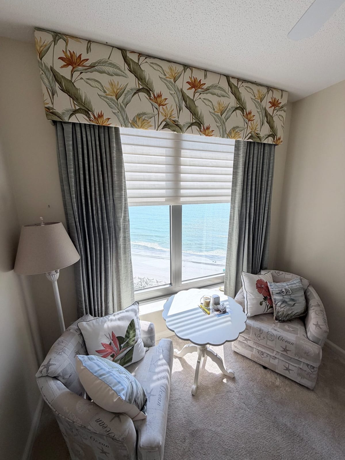 Hunter Douglas Silhouette shadings with drapery and a floral cornice in an oceanfront condo at Margate Tower, Myrtle Beach.