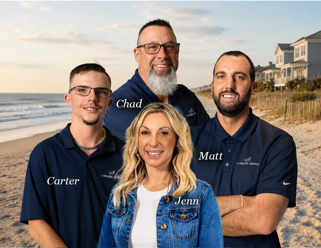 Carter, Chad, Jennifer and Matt — the A Shade Above Coastal team on the beach in North Myrtle Beach, SC.