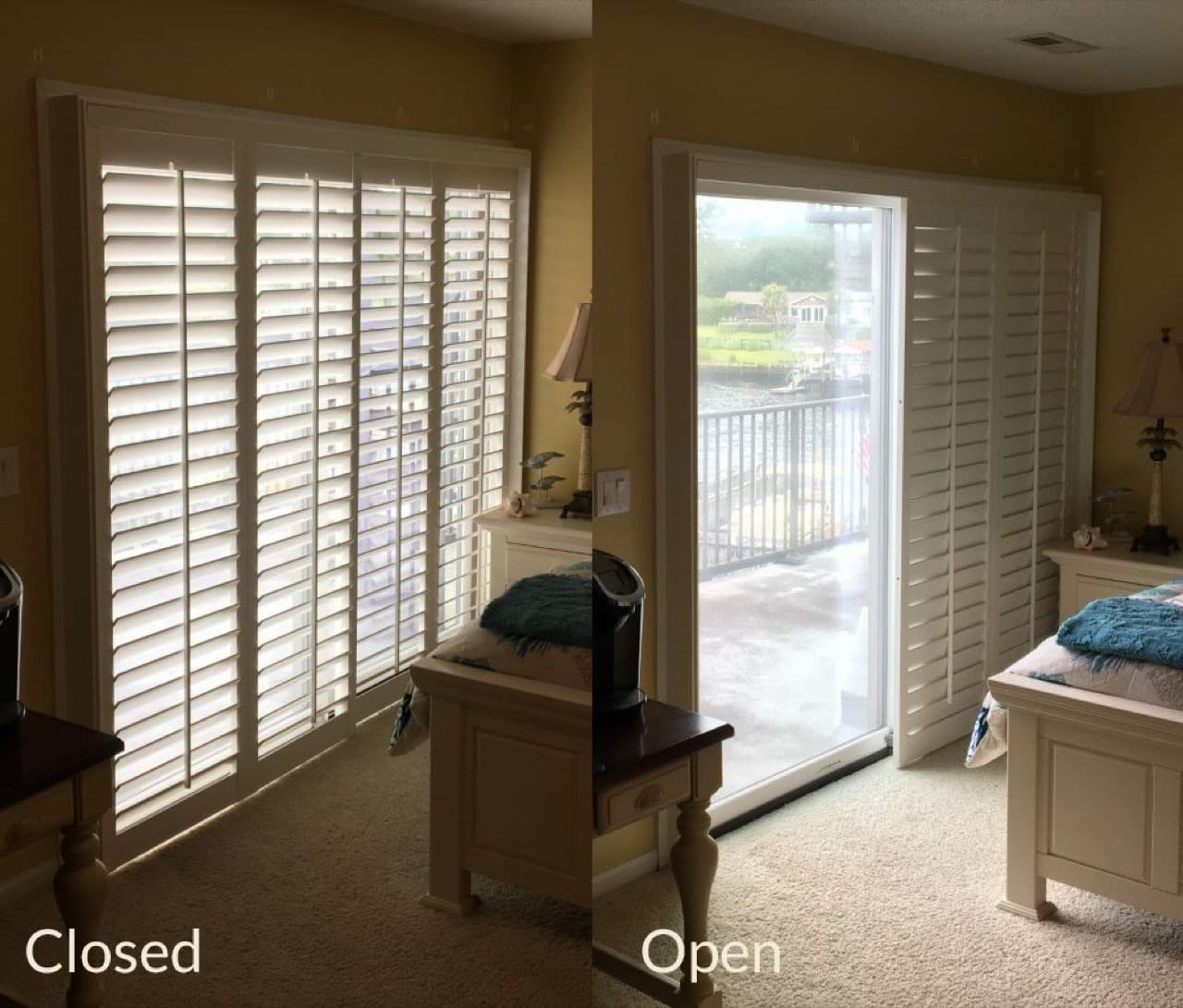 Bypass track sliding plantation shutters shown open and closed over a slider